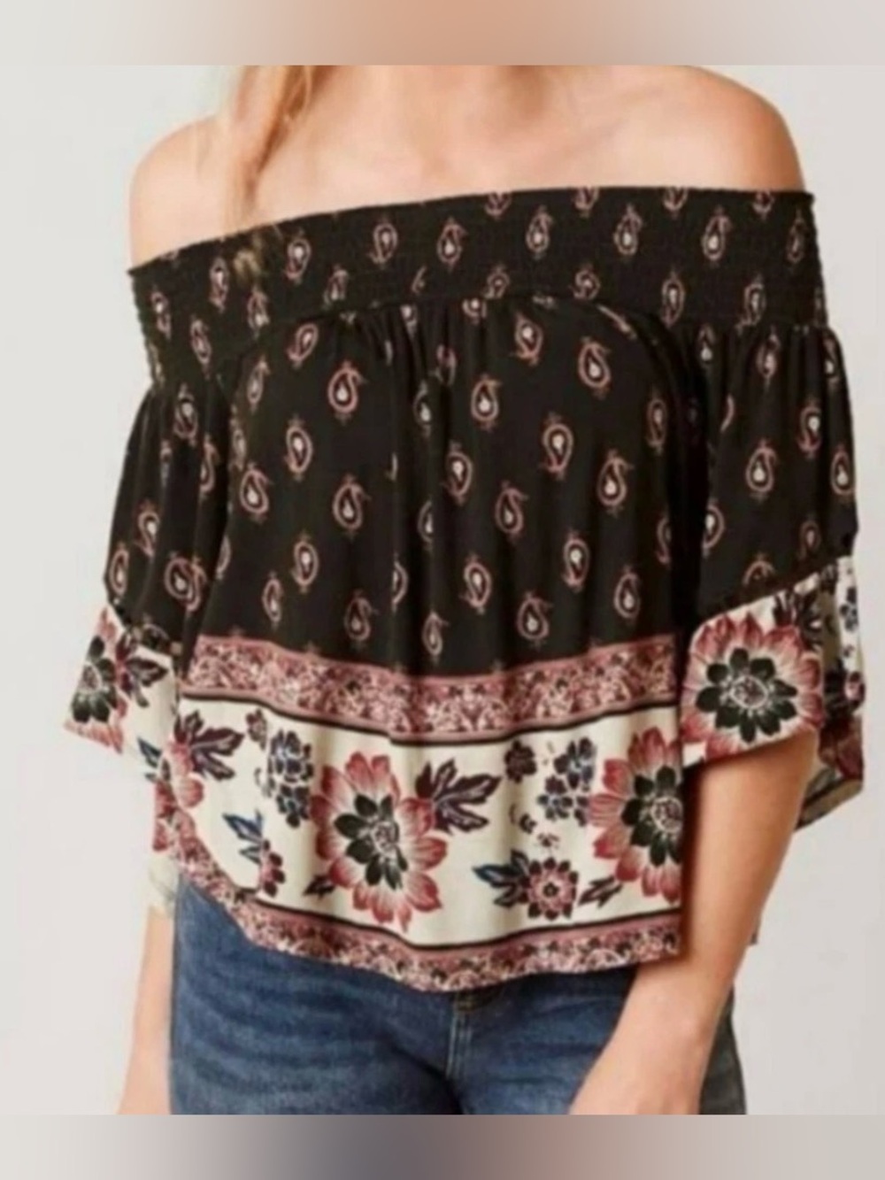 🆕Coco & Jaimeson Bohemian Off-Shoulder Multicolor Floral Border Print M🆕